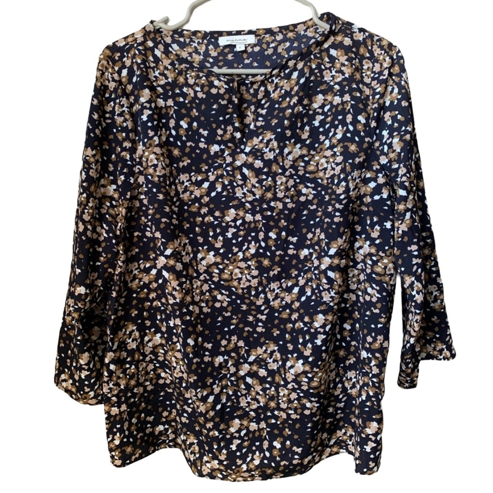 MINNA Women’s Black w/ Brown Tan White Floral Print 3/4 Sleeve Blouse